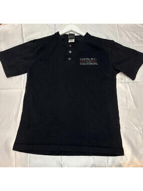 Harley Davidson Henley Shirt Black Short Sleeve Cotton Mens Medium